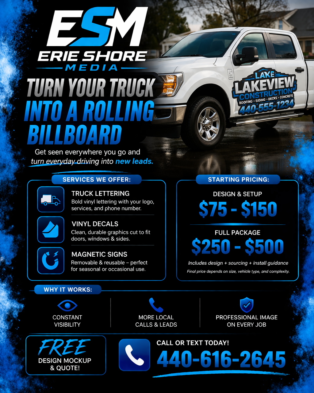 Erie Shore Media truck lettering and magnet flyer